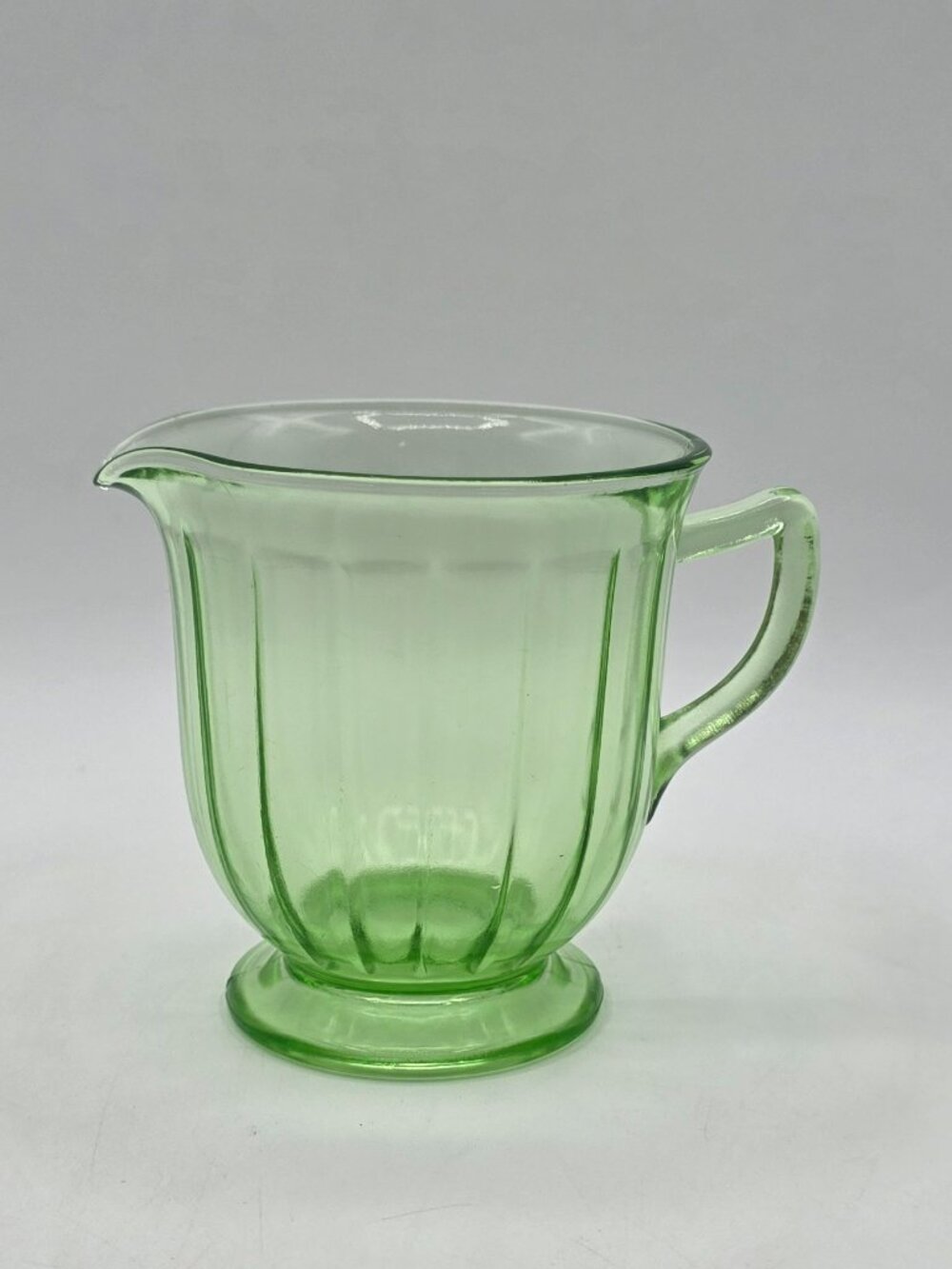 Vtg Green Depression Uranium Glass Footed Creamer Ribbed Pattern Mini Pitcher